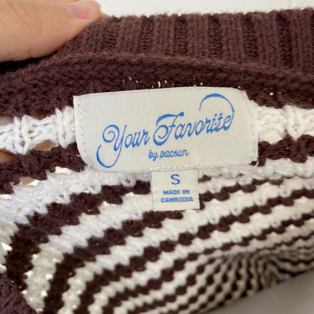 Your Favorite by PacSun sz S Brown White Striped Cropped Scalloped Hem Sweater - Picture 3 of 11
